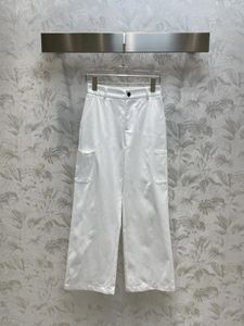 Women's Pants White Casual Cargo Straight High Waist Design To Show Thin And Hide Meat Double Side Large Pockets Loose