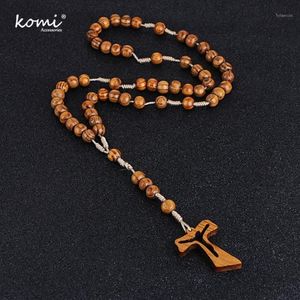 Pendant Necklaces Komi Catholic Christ Orthodox Wooden Beads Hollow Cross Necklace For Women Men Religious Jesus Rosary Jewelry Gi254d