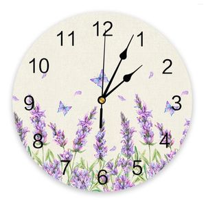 Wall Clocks Watercolor Lavender Flower Butterfly Retro Clock Modern Design Silent Watch For Bedroom Kitchen Round Hanging