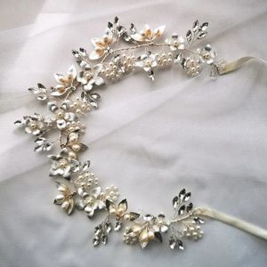 Bandeau de mariée Floral couleur or argent, diadème de cheveux, perles d'eau douce, bijoux de mariage, couronne faite à la main pour femmes, 240102