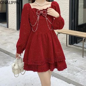 Abiti casual Onalippa Multi Ruffles Abito da torta lucido per le donne Vita alta Colletto quadrato Maniche lunghe Mini Atmosfera festosa Abiti