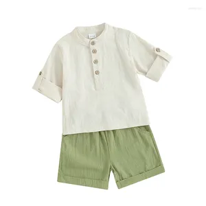 Clothing Sets Toddler Boy Summer Cotton Linen Set Solid Color Long Sleeve Button Tops With Elastic Waist Shorts 2Pcs Outfit