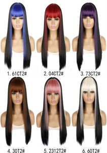 Vurgu Sarışın Ombre Sentetik Glueless Peruk Kadınlar İçin Patlama ile Uzun Düz Mavi Kırmızı Pembe Fringe Cosplay Perukları Isı Re9614995