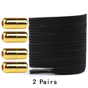 Elastische, flache Schnürsenkel ohne Binden mit goldener Metallkapselschnalle für Sport-Turnschuhe für Erwachsene und Kinder, Lazy Shoe Laces, 2 Paar 240102