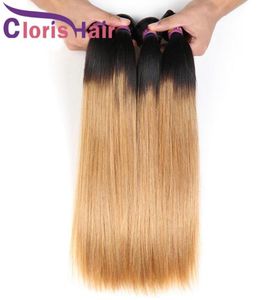 Ciemne korzenie miodowe blondynki proste włosy tkacki Virgin Brazylijskie malezyjskie ludzkie włosy 3 Bundles Ombre 1B27 Blond Sew in Hair Exens4204651