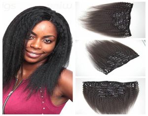 Cabelo humano malaio grosso yaki reto 7pcsset clipe reto crespo em extensões de cabelo humano natural preto cabelo humano tece g1158269