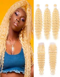 Brazylijska głęboka fala 613 Blond Ludzkie Włosy wiązki z zamknięciami czołowie miód platynowe dziewicze włosy 4591435
