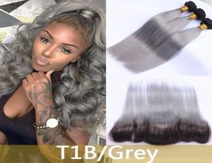 8A Gray Dark Root Peruvian Virgin Hair 3 Bundles Ombre Hair Extensions With Frontal Straight Grey Weave Ombre Hair With Closure1738899