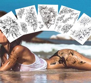 Временные татуировки наклейки водонепроницаемые Черная роза пион цветочный дизайн татуировка на ногу руку вспышка поддельные татуировки рукава для мужчин, женщин, девочек9192891