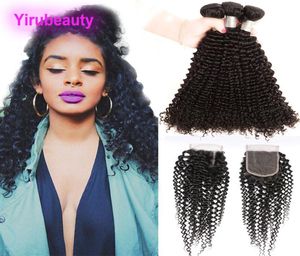 Malezji 3 pakiety z koronkowym zamykaniem 4x4 Kinky Curly Human Hair WWEFTS z górnymi zamknięciami 95100gpiece Hair Extensions4228350