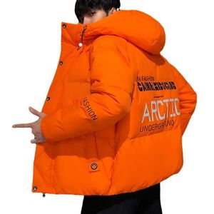 Winter Jacket Mäns brev tryckt Parkas dragkedja herrstående krage varm tjock uppblåsbar jacka mäns casual parka jacka 240102