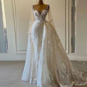 Elegant sjöjungfru prom klänningar älskling hals spets applikation långa ärmar rygglösa tyllgolvlängd aftonklänning vestido de novia yd