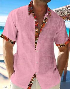 メンズカジュアルシャツ202夏のファッションハワイアンビーチリネン半袖シャツ高品質のストリートピンク白い青灰色のトップ