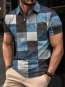 رجال Polos 2024 Summer Engetric Square Print Print Short Sleeve Polo Shirt Tremable Business Fashion Thirt