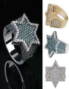 Настоящее золото Белое золото Темно-зеленое кольцо со льдом из кубического циркония с шестиугольной звездой на пальце Кольцо с цветным сохранением Bling Diamond Rapper Ring6070763