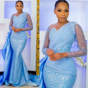 Skyblue Mermaid Elegant Evenning Dresses Sheer Neck Long Sleeves Sequined Lace Prom Dresses for Special Occasions African Black Women Birthday Party Gown AM318