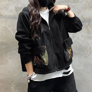 Dresses 2021 Autumn New Arts Style Women Long Sleeve Loose Casual Short Coats Print Double Pocket Cotton Denim Hooded Jackets V532