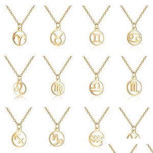 ペンダントネックレス12 Constellペンダントネックレスステンレス鋼Sier Gold Zodiac Horoscope Sign Necklaces Chains Chains Chains Chains