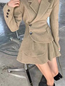 Two Piece Dress 2024 Spring Arrival Korean Style High-End Feeling Wool Suit Skirt For Women Stylish Waisted Blazer Jacket Two-Piece Set