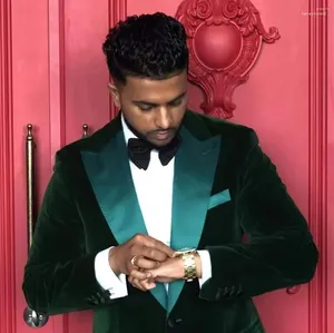 Men's Suits High Quality Green Velvet Blazer With Satin Lapel Black Pant One Button For Wedding Groom Prom Formal Tuxedos Male