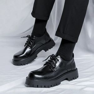 Мужские корейские кожаные оксфорды на платформе без шнуровки, мужские туфли дерби на толстой подошве, повседневные лоферы, мужские формальные модельные туфли с квадратным носком 231229