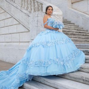 2024 Vintage Sky Blue Quinceanera Dresses Off Shoulder Lace Appliques Crystal Beads 3D Flowers Ball Gown Guest Dress Chapel Train Evening Prom Gowns