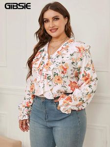 T-Shirt GIBSIE Floral Print Ruffled Women Blouse Shirt Plus Size V Neck Long Sleeve Autumn Casual Sweet Ladies Blouses 2022 Clothing New