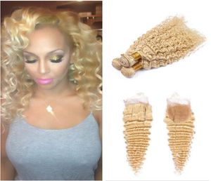 613 Blond människa hårbuntar med spetsstängning Deep Wave Curly Bleach Blond Brasilianska hårbuntar handlar om 4x4 spetsstängning8640464