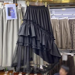 Skirts Gothic Long Skirt Woman 2024 Harajuku Fashion High Waisted Coffee Black Ruffled Patchwork Tulle Korean Clothing