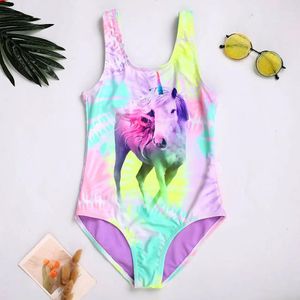 set 2023 Unicorn Horse Girls One Piece Swimsuit Kids 416 Years Children's Swimwear Tie Dye Sport Swimming Bathing Suit Beachwear