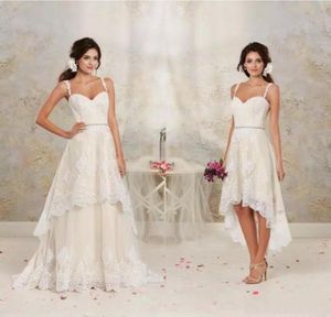 2020 Abiti da sposa in pizzo Gonna staccabile Applicazioni corte Abiti da sposa Senza spalline Abito da sposa in rilievo di cristallo A Line8781830