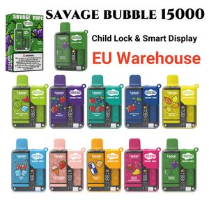 Magazyn UE Savage Bubble Puff 15K Djeńcowy Vape E papieros Vaper 28ml Prefilled 650 mAh ładowalny dla dzieci inteligentny wyświetlacz Regulaminowa moc vs tornado Vape