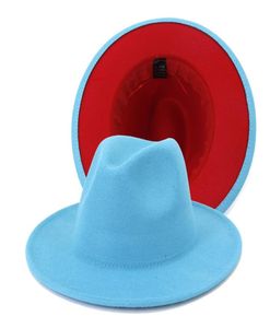 Nowy zewnętrzny jezioro Blue Inner Red Wool Feel Fedora Hat Doublesibled Patchwork Formal Dress Wedding Woman Hats Founded Classic Jazz Cap5295392