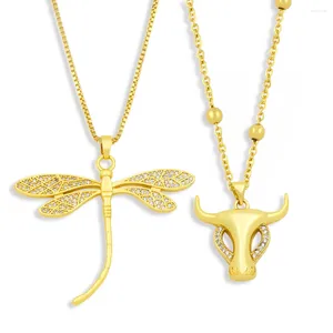 Pendant Necklaces Inlaid Zircon Gold Plated Chain Dragonfly Necklace Copper CZ Crystal Bull Head For Women Girls Jewelry Gift