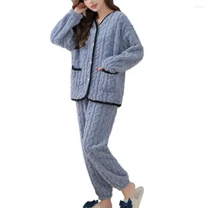 Kvinnors sömnkläder Kvinnor Pyjama Set mysiga vinterpyjamas för plysch V Neck Coat Elastic midjebyxor Färgsäsong