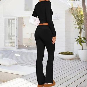 Zweiteilige Damen-Hosen, bauchfreies Top und niedrige Taille, Flare-Sets, O-Ausschnitt, kurz mit Leggings, schmale Passform, einfarbig, Frühlings- und Herbstkleidung