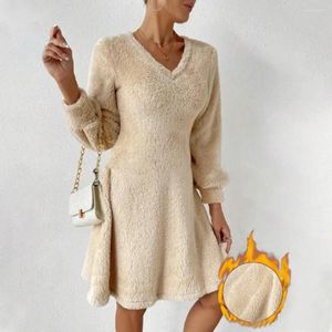 Casual Dresses Women V-neck Dress Cozy Plush V Neck Women's Winter With A-line Hem Long Sleeve For Warmth Comfort In Knee Length Midi