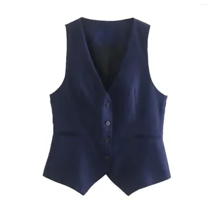 Kvinnorjackor Kvinnor Fashion V Neck ärmlös Single Breasted Linen Vest Jacket Office Ladies Pocket Design Slim Midje Coat Tops