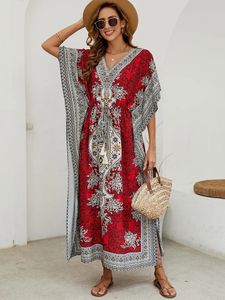 Bohemisk V-ringning Kort ärmhärmad strandrök Klänning Kvinnor 2023 Summer Loose Sun Protection Print Bohemian Women's Long Dress 240102