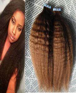 Kinky em linha reta não processado cabelo brasileiro virgem 100g brasileiro grosso yaki cabelo virgem 40pcsSet pele trama fita extensões de cabelo8892193