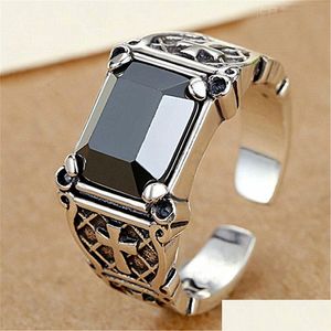 Solitaire Ring Ancient Sier Jesus Cross Ring Band Finger Agate Black Retro Open Adjustable Diamond Chunky Rings For Men Fashion Jewel Dh2Vj