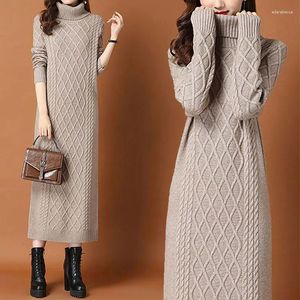 Casual Dresses Stylish Turtleneck Knitted Long Dress Autumn Winter Sleeve Women's Clothing Basic Screw Thread Vintage Solid Color