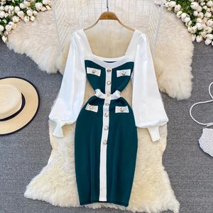 Vintage elegant patch work square neckline long sleeved knitted dress casual women's fashion high waisted summer spring hip packaging dress 240102