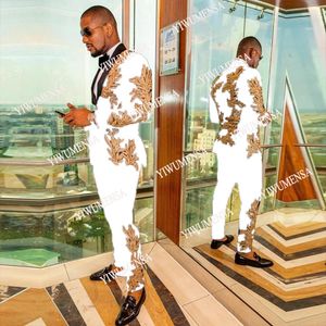 Jackets White Suits Men for Wedding Grooms Tuxedo Tailormade Male Prom Party Gold Embroidery Jacket+pants 2 Piece Costume Homme Mariage