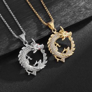 Hip Hop Vintage Chinese Dragon Pendant Necklace 316L Stainless Steel 18k Real Gold Plated Jewelry