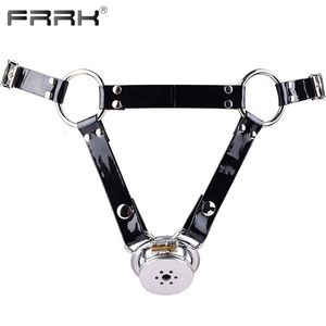 FRRK Shiny PU Harness Belt with Small Steel Chastity Cage Devices Sexual Supply Intimate Products Adults Sex Shop Toys 240102