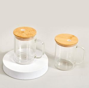 Süblimasyon kar küre cam 15 oz süblimasyon cam kahve kupaları ile bambu kapaklı çift duvar bardağı kupa temiz buzlu bira cam açık içme camları sn4535
