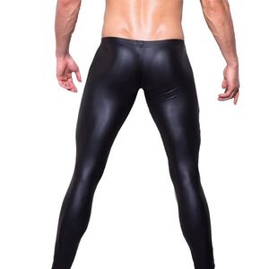 Byxor sexiga män lowrise u bulge påse nattklubb scen prestanda tights kroppskläder byxor mäns glänsande faux läder leggings gay wear