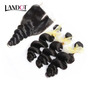 Wefts 3 Bundles Indian Loose Wave Virgin Human Hair Weaves With Closure Unprocessed Indian Loose Deep Curly Hair And Lace Closure Free/M