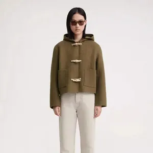 Kvinnors stickor 2024 Autumn and Winter Wood Bolt Wool Felt Art Tweed Hooded Jacket för kvinnor